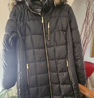 Liz Claiborne Quilted Black Puffer Coat with Gold Accents